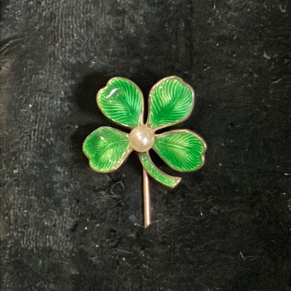 Vintage Enamel Four Leaf Clover Stick Pin with Faux Pearl